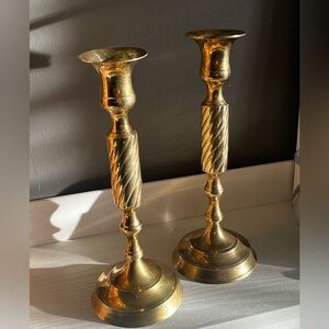Polished Solid Brass Candlesticks – 9” Twisted Column – Set of 2